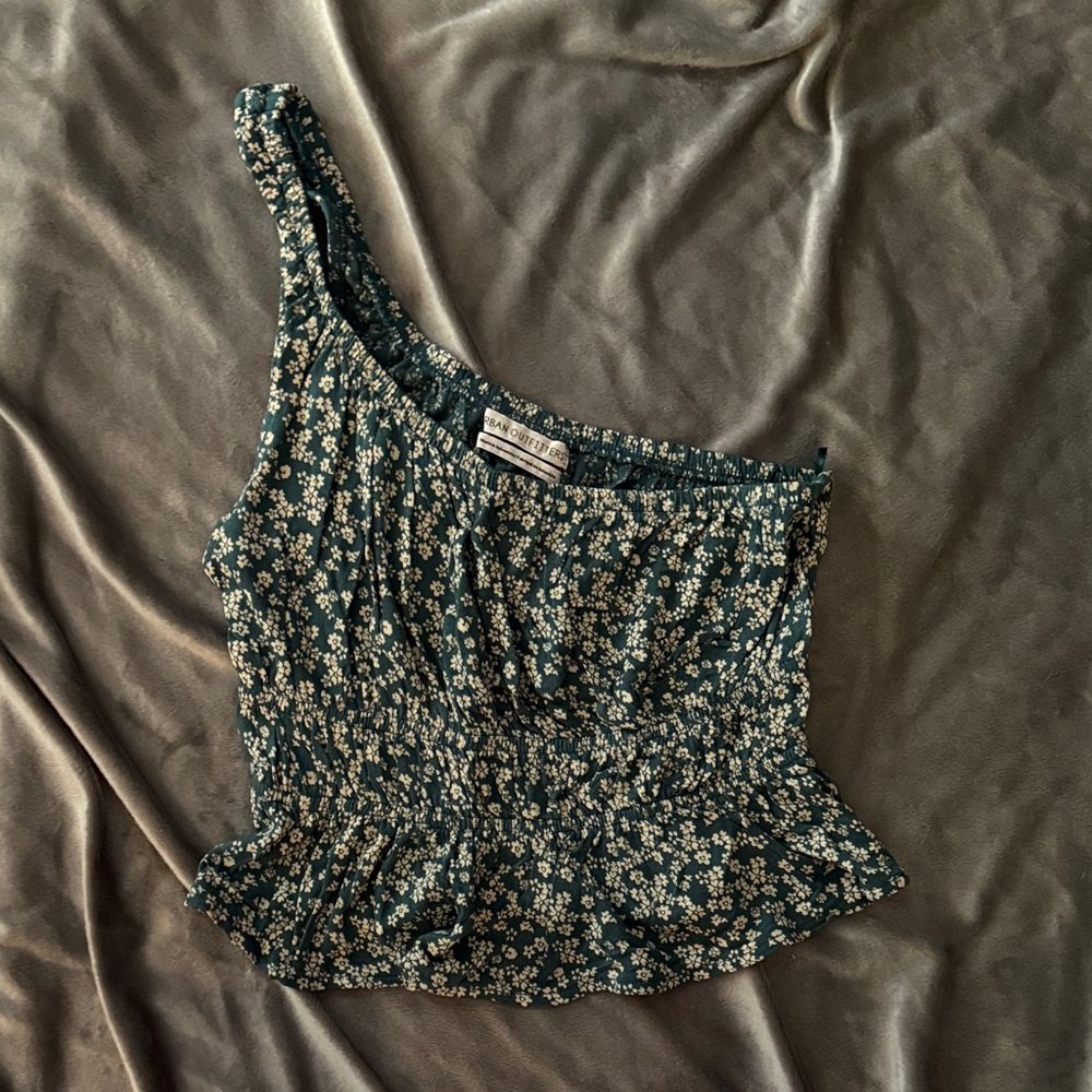 Urban Outfitters Green Floral One-Shoulder Blouse